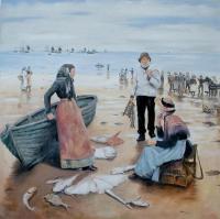 Landscape - Fish Sale On A Cornish Beach - Oil On Box Canvas